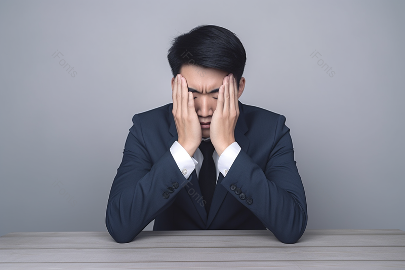 穿着西装的男人双手遮脸苦恼思考动作灰色背景,高清,摄影图,摄影图片,图片大全,摄影图免费下载